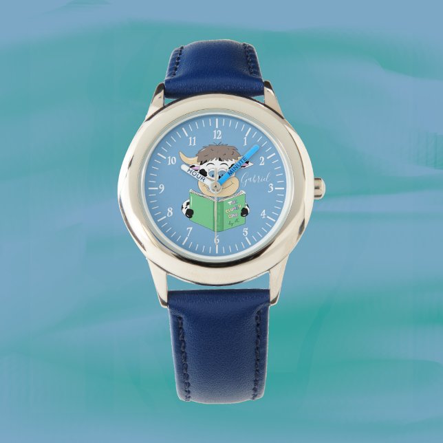 Schattigee Cartoon lezen Koe Boy Blue Watch Horloge (Cartoon reading cow boy blue watch .)