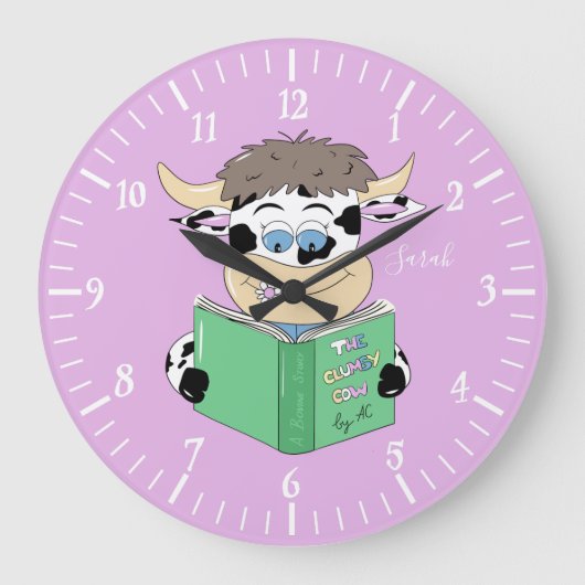 Schattigee Cartoon Lezen Koe Meisje Kamer Muur Klo Grote Klok (Voorkant)