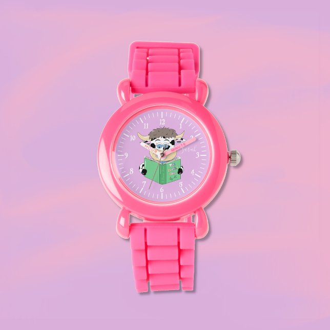 Schattigee Cartoon Lezen Koe Meisje Roze Horloge (Fun reading cow girl pink watch .)