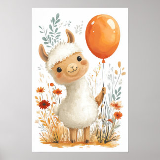 Schattigee Cartoon Llama Holding Oranje ballon Pos Poster