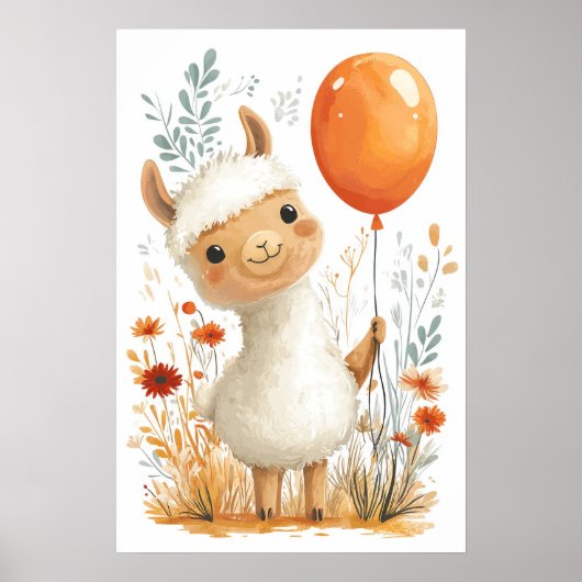 Schattigee Cartoon Llama Holding Oranje ballon Pos Poster (Voorkant)