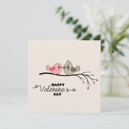 Schattigee Cartoon Lovebirds op tak Valentijn's Da Feestdagenkaart (Staand voorkant)