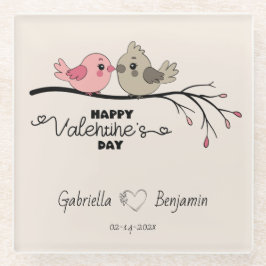 Schattigee Cartoon Lovebirds op tak Valentijn's Da Glazen Onderzetter