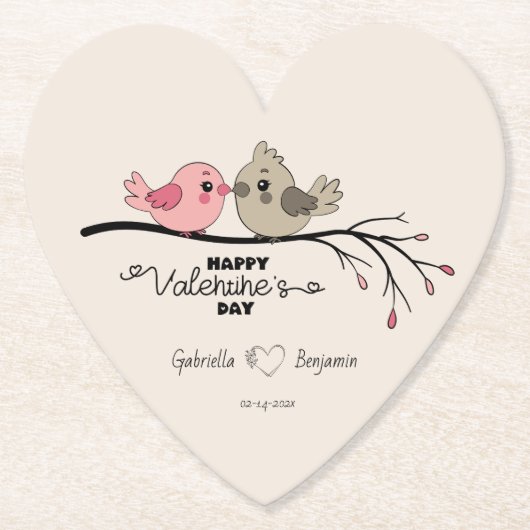 Schattigee Cartoon Lovebirds op tak Valentijn's Da Kartonnen Onderzetters (Voorkant)