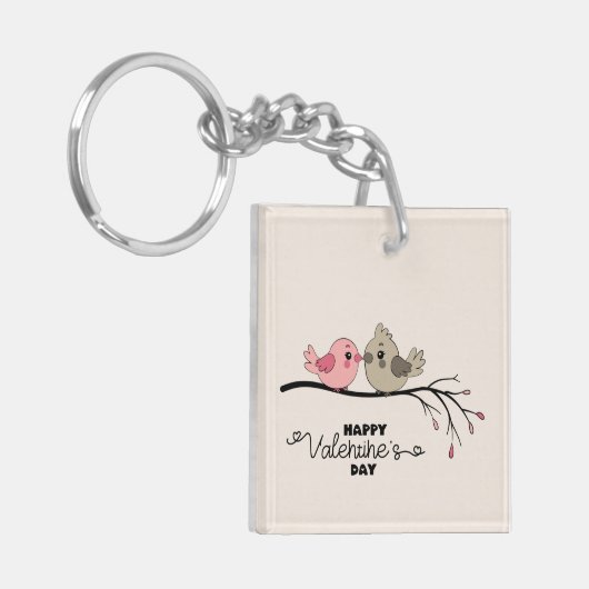 Schattigee Cartoon Lovebirds op tak Valentijn's Da Sleutelhanger (Voorkant Links)