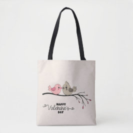 Schattigee Cartoon Lovebirds op tak Valentijn's Da Tote Bag