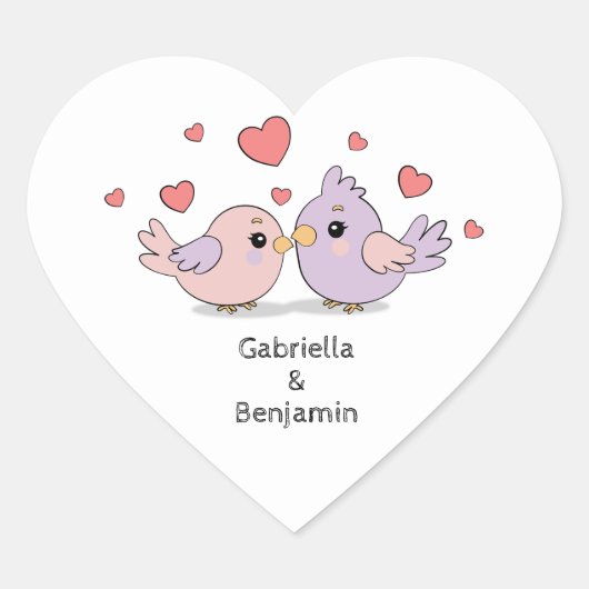 Schattigee Cartoon Lovebirds Pink Heart Valentijn’ Hart Sticker (Voorkant)