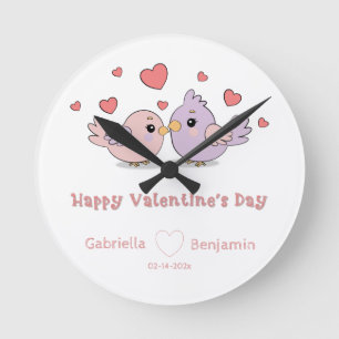 Schattigee Cartoon Lovebirds Pink Heart Valentijn’ Ronde Klok
