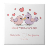 Schattigee Cartoon Lovebirds Pink Hearts Valentijn Tegeltje (Voorkant)