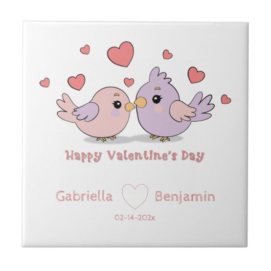 Schattigee Cartoon Lovebirds Pink Hearts Valentijn Tegeltje (Voorkant)
