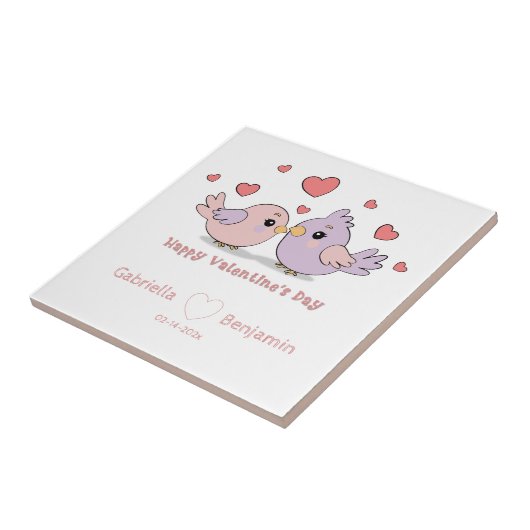 Schattigee Cartoon Lovebirds Pink Hearts Valentijn Tegeltje (Zijkant)