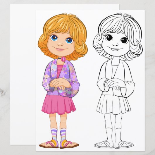 Schattigee Cartoon meisje kleurplaat (Voorkant / Achterkant)