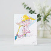 Schattigee Cartoon Microscooter Meisje Micro Scoot Briefkaart (Staand voorkant)