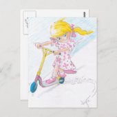 Schattigee Cartoon Microscooter Meisje Micro Scoot Briefkaart (Voorkant / Achterkant)
