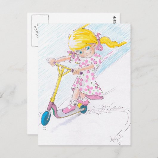 Schattigee Cartoon Microscooter Meisje Micro Scoot Briefkaart (Voorkant / Achterkant)