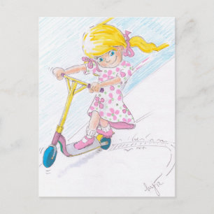 Schattigee Cartoon Microscooter Meisje Micro Scoot Briefkaart