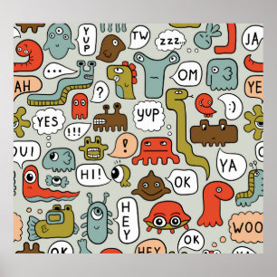 Schattigee Cartoon Monsters: Naadloze Achtergrond Poster