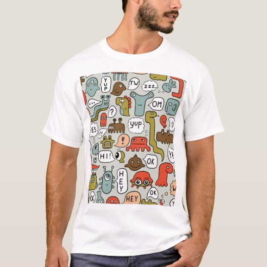Schattigee Cartoon Monsters: Naadloze Achtergrond T-shirt (Voorkant)