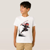 Schattigee Cartoon Ninja Boy met Zwaard – Action P T-shirt (Voorkant volledig)