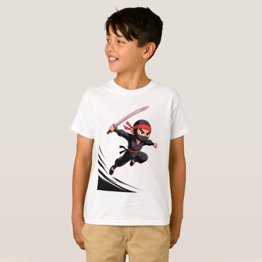 Schattigee Cartoon Ninja Boy met Zwaard – Action P T-shirt (Voorkant volledig)