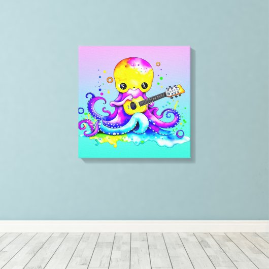 Schattigee Cartoon Octopus Gitaar spelen Canvas Afdruk (Insitu (Houten vloer))