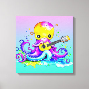 Schattigee Cartoon Octopus Gitaar spelen Canvas Afdruk