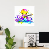 Schattigee Cartoon Octopus Gitaar spelen Poster (Thuiskantoor)