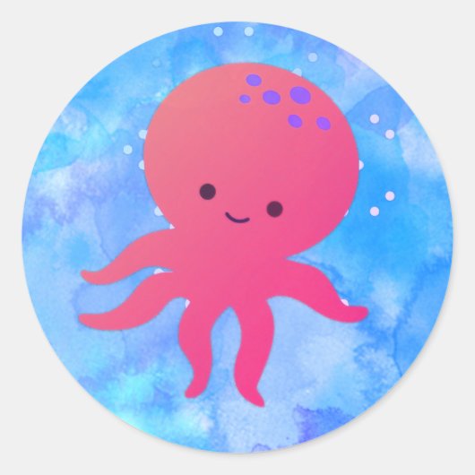 Schattigee Cartoon octopus in blauwe oceaan Waterv Ronde Sticker (Voorkant)