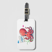 Schattigee, cartoon octopus met vis bagagelabel (Voorkant (verticaal))