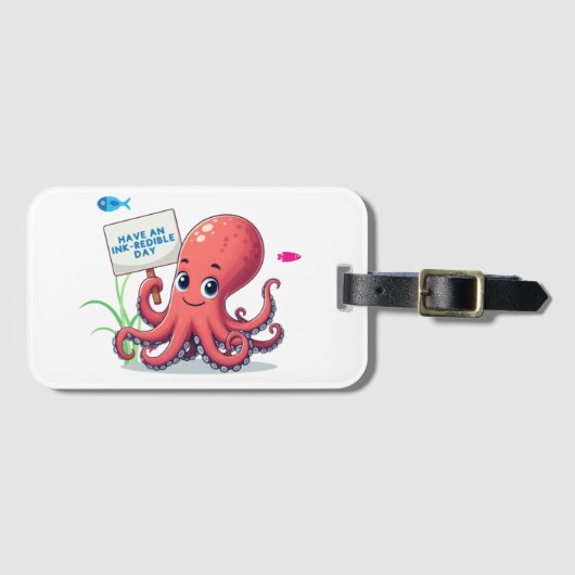 Schattigee, cartoon octopus met vis bagagelabel (Voorkant (horizontaal))