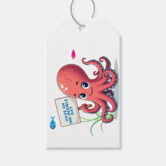 Schattigee, cartoon octopus met vis cadeaulabel (Voorkant)
