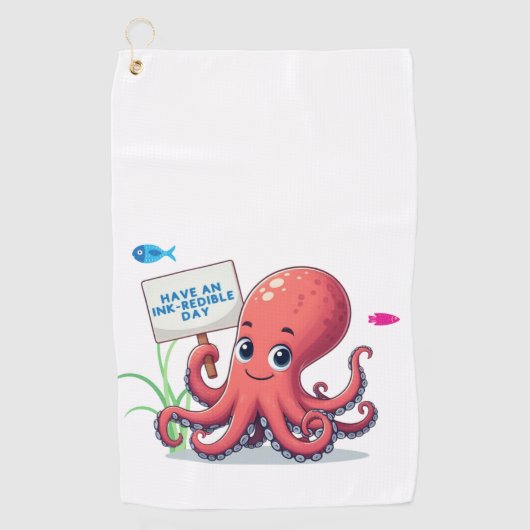Schattigee, cartoon octopus met vis golfhanddoek (Voorkant)
