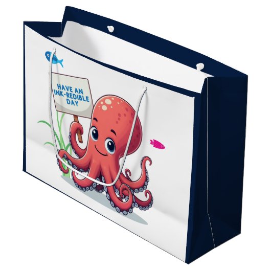 Schattigee, cartoon octopus met vis groot cadeauzakje (Voorkant Gekanteld)