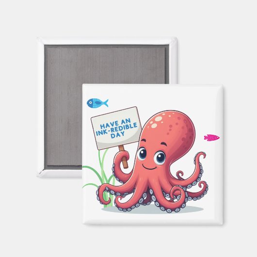 Schattigee, cartoon octopus met vis magneet (Voorkant / Achterkant)