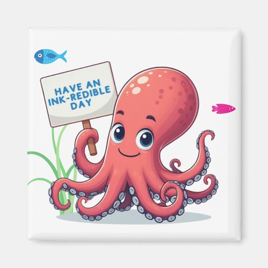 Schattigee, cartoon octopus met vis magneet (Voorkant)