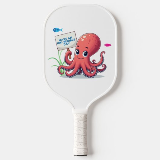 Schattigee, cartoon octopus met vis pickleball paddle (Voorkant)