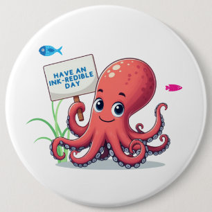 Schattigee, cartoon octopus met vis ronde button 6,0 cm