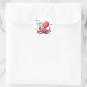 Schattigee, cartoon octopus met vis ronde sticker