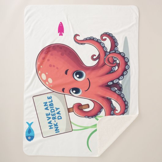 Schattigee, cartoon octopus met vis sherpa deken (Voorkant)