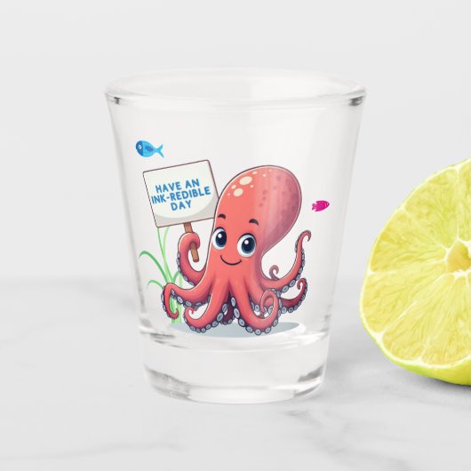 Schattigee, cartoon octopus met vis shot glas (Voorkant)