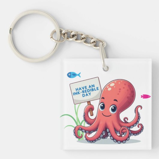 Schattigee, cartoon octopus met vis sleutelhanger (voorkant)