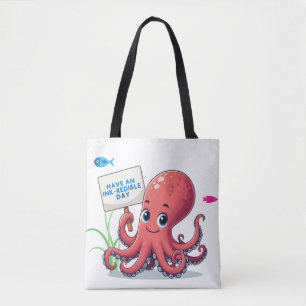Schattigee, cartoon octopus met vis tote bag