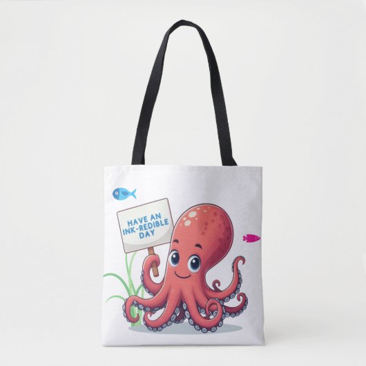 Schattigee, cartoon octopus met vis tote bag (Voorkant)