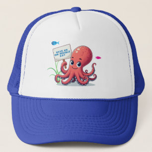 Schattigee, cartoon octopus met vis trucker pet
