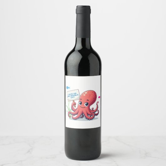 Schattigee, cartoon octopus met vis wijn etiket (Voorkant)