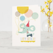 Schattigee Cartoon olifant met ballonnen Verjaarda Kaart (Gele Bloem)