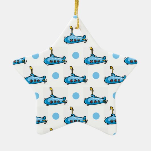 Schattigee Cartoon onderzeeër, baby blauwe polka s Keramisch Ornament (Achterkant)