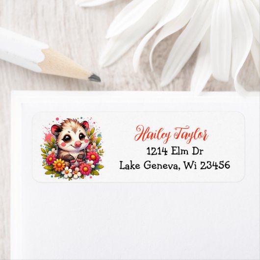 Schattigee Cartoon Opossum en bloemen roze Etiket (Insitu)