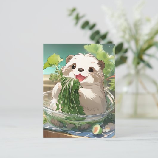 Schattigee Cartoon otter eet salade Briefkaart (Staand voorkant)