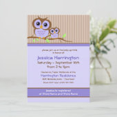 Schattigee Cartoon Paarse Uil Baby Sprinkle Uitnod Kaart (Staand voorkant)